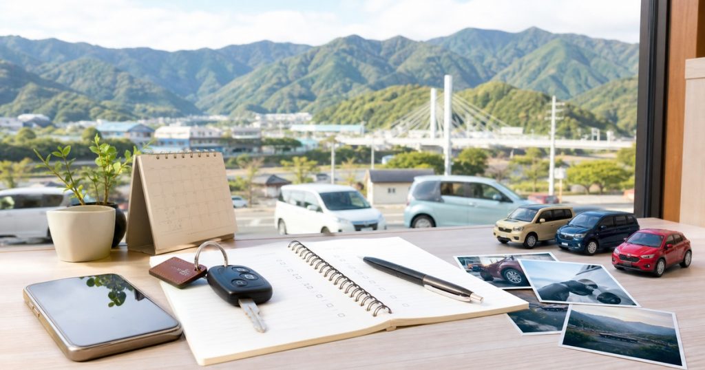 徳島県西部の山並みを望む机に、家族の車管理用ノート、鍵、スマートフォン、予定表を置いた地域カーライフ計画のイメージ