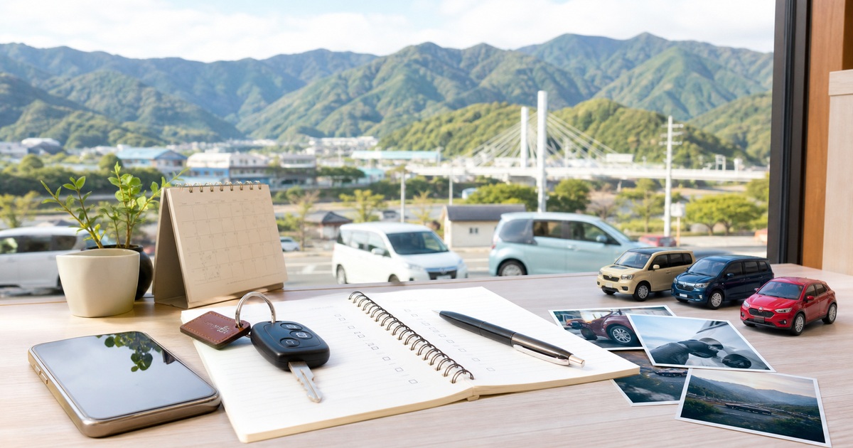 徳島県西部の山並みを望む机に、家族の車管理用ノート、鍵、スマートフォン、予定表を置いた地域カーライフ計画のイメージ