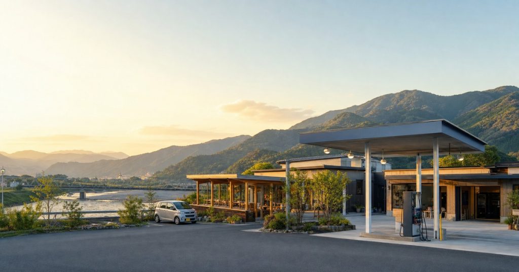 徳島県西部の山並みと地域サービス拠点。株式会社みかもが給油・食・移動・Webを束ねる地域インフラのイメージ
