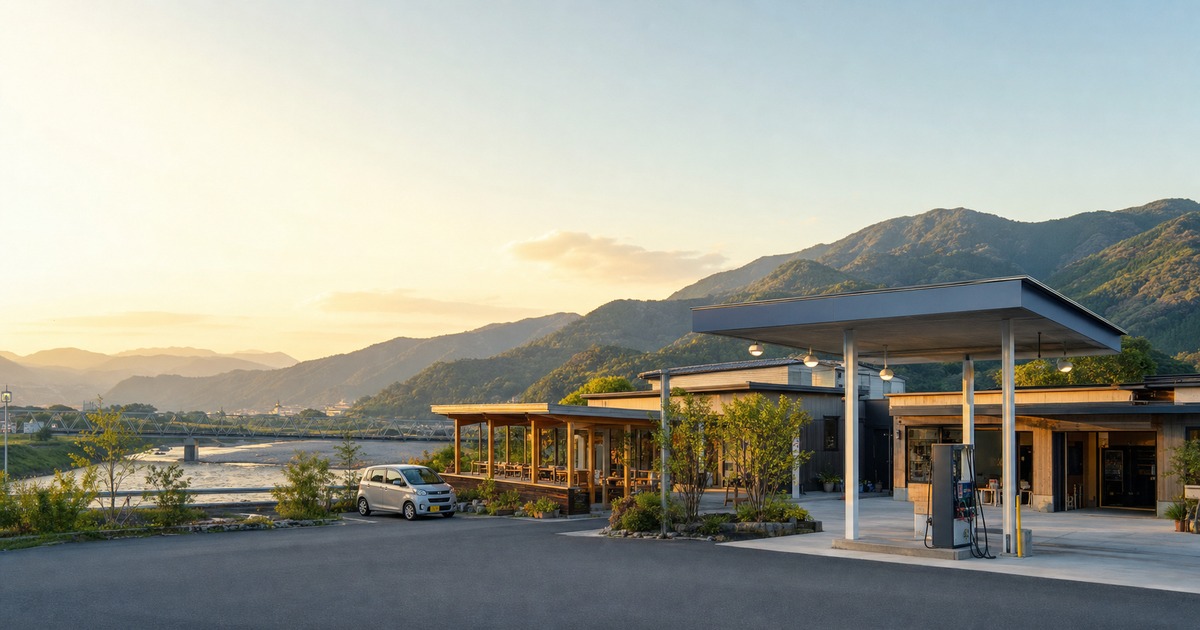 徳島県西部の山並みと地域サービス拠点。株式会社みかもが給油・食・移動・Webを束ねる地域インフラのイメージ