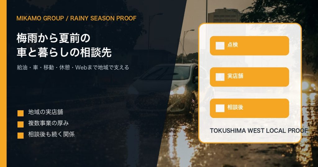 雨の時期の道路を背景に徳島西部のみかもグループが車と暮らしの相談先であることを伝えるアイキャッチ