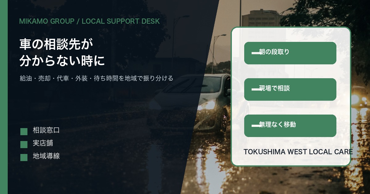雨の日の地域道路を背景に徳島西部で車の相談先をみかもグループが振り分けることを伝えるアイキャッチ