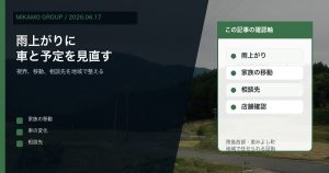 徳島西部で雨上がりに車と家族の予定を見直しみかもグループへ相談することを伝えるアイキャッチ