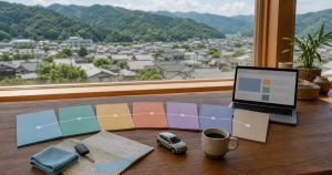 徳島県西部の町を望む机に並んだ7サイトの地域情報を表す道具