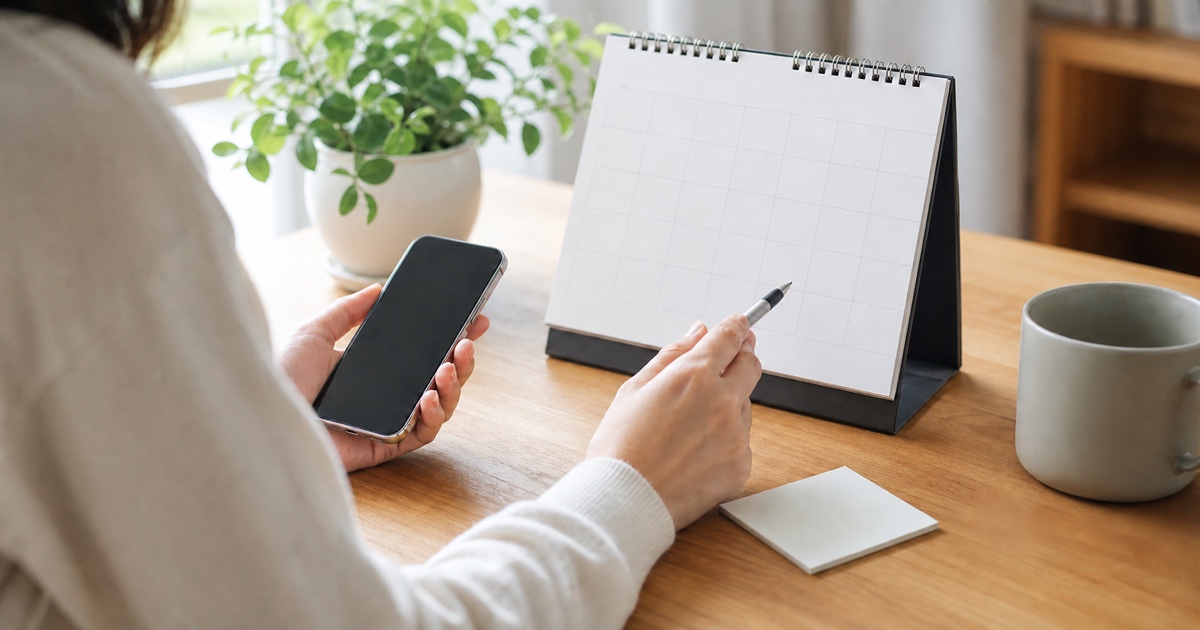 予定表とスマートフォンを見ながら店舗予約の変更内容を整理する手元