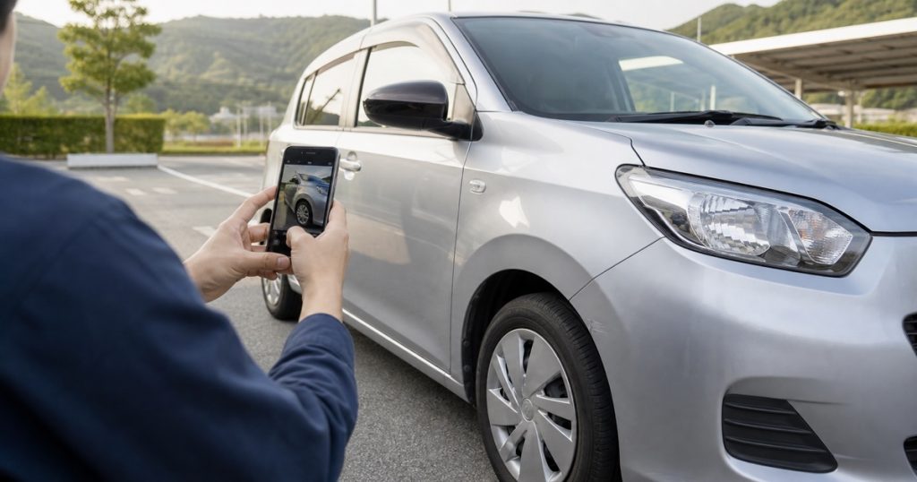 車の気になる箇所を全体と近景に分けてスマートフォンで撮影する人