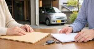 日本の住宅で家族が故人の車の鍵と書類を落ち着いて整理するイメージ