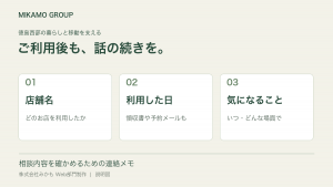 利用した店舗名、利用日、気になることを残す連絡メモの図解